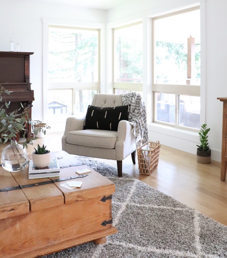living room with armchairs and geometric plush rug