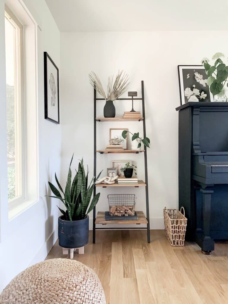 bookshelf styling with neutral decor